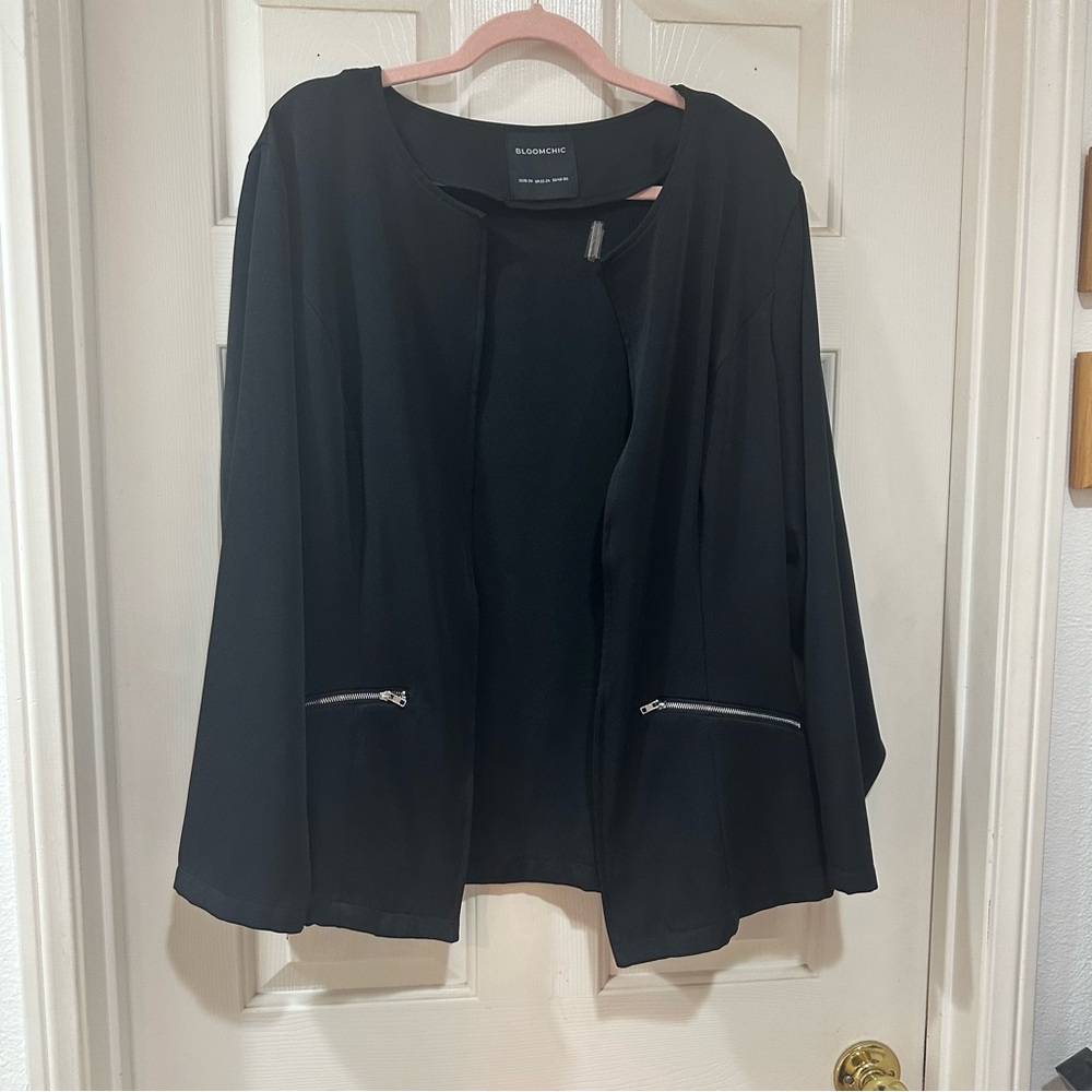 BloomChic Black Blazer with Zipper Pockets-Open Front